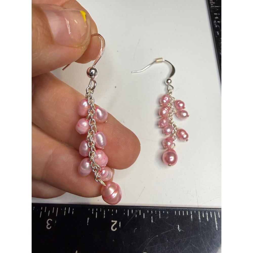 Pink Pearl Cluster Drop Earrings Silver Tone French Hook Dangle Jewelry